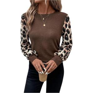 imageSweatyRocks Womens Leopard Print Patchwork Crew Neck Blouse Casual Dressy Long Sleeves Shirt TopsBlack
