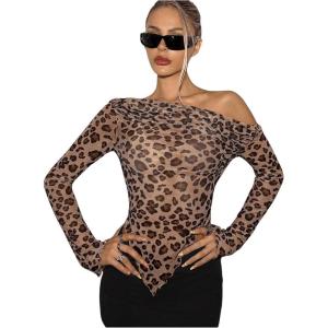 imageSweatyRocks Womens Leopard Print Sheer Mesh Crop Tops Asymmetrical Off The Shoulder Long Sleeve Fitted Tee ShirtsBrown