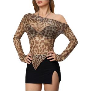 imageSweatyRocks Womens Leopard Print Sheer Mesh Crop Tops Asymmetrical Off The Shoulder Long Sleeve Fitted Tee ShirtsBrown Leopard