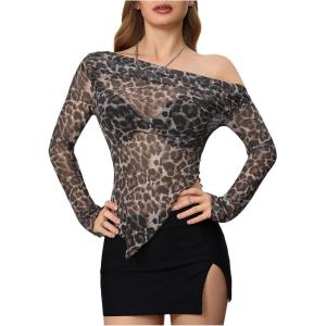 imageSweatyRocks Womens Leopard Print Sheer Mesh Crop Tops Asymmetrical Off The Shoulder Long Sleeve Fitted Tee ShirtsKhaki