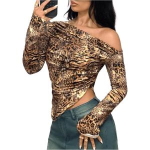 imageSweatyRocks Womens Leopard Print Sheer Mesh Crop Tops Asymmetrical Off The Shoulder Long Sleeve Fitted Tee ShirtsMulticolor