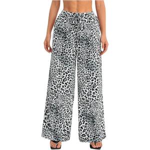 imageSweatyRocks Womens Leopard Printed Wide Leg Pants Elastic Waist Trousers with PocketsBlack and White