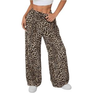 imageSweatyRocks Womens Leopard Printed Wide Leg Pants Elastic Waist Trousers with PocketsBrown