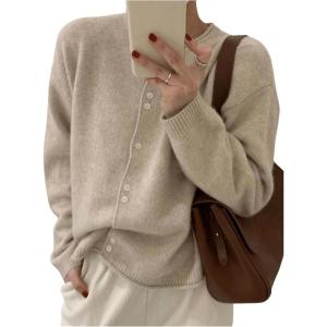 imageSweatyRocks Womens Light Weight Cardigan Round Neck Long Sleeve Button Down Sweaters KnitwearApricot