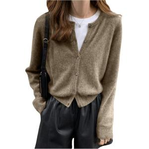 imageSweatyRocks Womens Light Weight Cardigan Round Neck Long Sleeve Button Down Sweaters KnitwearKhaki