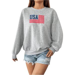 imageSweatyRocks Womens Long Sleeve Round Neck American Flag Print Loose Oversized SweatshirtGrey