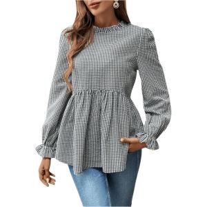 imageSweatyRocks Womens Long Sleeve Ruffle Lace Mock Neck Plaid Blouses Peplum TopsBlack and White
