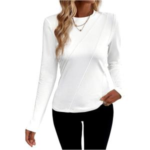 imageSweatyRocks Womens Long Sleeves TShirt Pleated Crew Neck Plain Solid Color Casual Tee ShirtsWhite