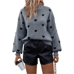 imageSweatyRocks Womens Oversized Heart Pattern Sweater Long Sleeves Mock Neck Cute Pullover TopsGrey