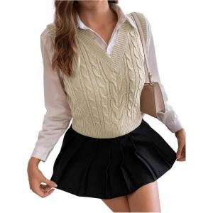 imageSweatyRocks Womens Sweater Vest V Neck Slim Fit Sleeveless Cable Knit TopsApricot