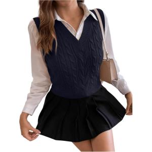 imageSweatyRocks Womens Sweater Vest V Neck Slim Fit Sleeveless Cable Knit TopsBlue