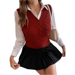 imageSweatyRocks Womens Sweater Vest V Neck Slim Fit Sleeveless Cable Knit TopsBurgundy