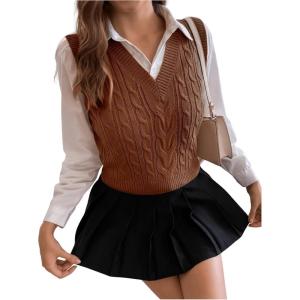 imageSweatyRocks Womens Sweater Vest V Neck Slim Fit Sleeveless Cable Knit TopsCoffee Brown