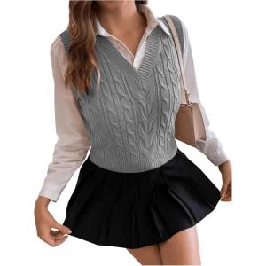 imageSweatyRocks Womens Sweater Vest V Neck Slim Fit Sleeveless Cable Knit TopsLight Grey