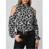 imageSweatyRocks Womens Leopard Print Long Sleeve Blouse Cold Shoulder Mock Neck Ruffle TopsBlack and White