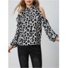 imageSweatyRocks Womens Leopard Print Long Sleeve Blouse Cold Shoulder Mock Neck Ruffle TopsBlack and White