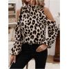 imageSweatyRocks Womens Leopard Print Long Sleeve Blouse Cold Shoulder Mock Neck Ruffle TopsKhaki