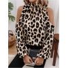 imageSweatyRocks Womens Leopard Print Long Sleeve Blouse Cold Shoulder Mock Neck Ruffle TopsKhaki