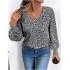 imageSweatyRocks Womens Leopard Print V Neck Long Lantern Sleeve Shirred Blouse Shirt TopsBlack