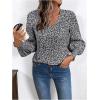 imageSweatyRocks Womens Leopard Print V Neck Long Lantern Sleeve Shirred Blouse Shirt TopsBlack