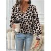 imageSweatyRocks Womens Leopard Print V Neck Long Lantern Sleeve Shirred Blouse Shirt TopsBrown