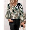 imageSweatyRocks Womens Leopard Print V Neck Long Lantern Sleeve Shirred Blouse Shirt TopsGreen