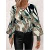 imageSweatyRocks Womens Leopard Print V Neck Long Lantern Sleeve Shirred Blouse Shirt TopsGreen