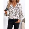imageSweatyRocks Womens Leopard Print V Neck Long Lantern Sleeve Shirred Blouse Shirt TopsKhaki and White