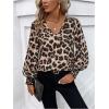 imageSweatyRocks Womens Leopard Print V Neck Long Lantern Sleeve Shirred Blouse Shirt TopsMulticolor