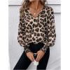 imageSweatyRocks Womens Leopard Print V Neck Long Lantern Sleeve Shirred Blouse Shirt TopsMulticolor