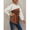 imageSweatyRocks Womens Long Sleeve Asymmetrical Color Block Loose Blouses Tops with BeltMulticolor