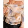 imageSweatyRocks Womens Plus Size Crop Tops Asymmetrical Neck Ruched Long Sleeve Mesh T ShirtsBeige