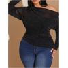 imageSweatyRocks Womens Plus Size Crop Tops Asymmetrical Neck Ruched Long Sleeve Mesh T ShirtsBlack
