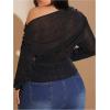 imageSweatyRocks Womens Plus Size Crop Tops Asymmetrical Neck Ruched Long Sleeve Mesh T ShirtsBlack