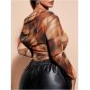imageSweatyRocks Womens Plus Size Crop Tops Asymmetrical Neck Ruched Long Sleeve Mesh T ShirtsBrown