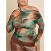 imageSweatyRocks Womens Plus Size Crop Tops Asymmetrical Neck Ruched Long Sleeve Mesh T ShirtsGreen