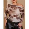 imageSweatyRocks Womens Plus Size Crop Tops Asymmetrical Neck Ruched Long Sleeve Mesh T ShirtsWhite and Brown