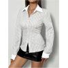 imageSweatyRocks Womens Striped Button Down Slim Fit Shirt Long Sleeve Collar Work Blouse TopsGrey and White