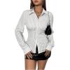 imageSweatyRocks Womens Striped Button Down Slim Fit Shirt Long Sleeve Collar Work Blouse TopsWhite and Grey
