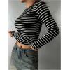 imageSweatyRocks Womens Striped Tops Long Sleeve Thermal Shirt Fleece Crew Neck TeeBlack Striped