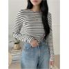 imageSweatyRocks Womens Striped Tops Long Sleeve Thermal Shirt Fleece Crew Neck TeeBlack and White