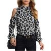 imageSweatyRocks Womens Leopard Print Long Sleeve Blouse Cold Shoulder Mock Neck Ruffle TopsBlack and White