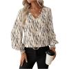 imageSweatyRocks Womens Leopard Print V Neck Long Lantern Sleeve Shirred Blouse Shirt TopsBeige