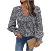 imageSweatyRocks Womens Leopard Print V Neck Long Lantern Sleeve Shirred Blouse Shirt TopsBlack