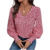 imageSweatyRocks Womens Leopard Print V Neck Long Lantern Sleeve Shirred Blouse Shirt TopsRed