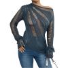 imageSweatyRocks Womens One Shoulder Sheer Sweater Long Sleeve Hollow Out Asymmetrical Neck Pullover Tops Blue S