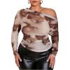 imageSweatyRocks Womens Plus Size Crop Tops Asymmetrical Neck Ruched Long Sleeve Mesh T ShirtsWhite and Brown