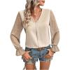 imageSweatyRocks Womens V Neck Tops Pearls Beaded Sheer Mesh Sleeve Elegant BlouseApricot