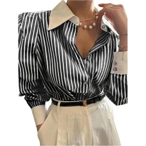 imageSweatyRocks Womens Button Down Blouse Striped Long Sleeve Collared Office Work TopsBlack