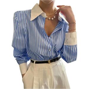 imageSweatyRocks Womens Button Down Blouse Striped Long Sleeve Collared Office Work TopsBlue